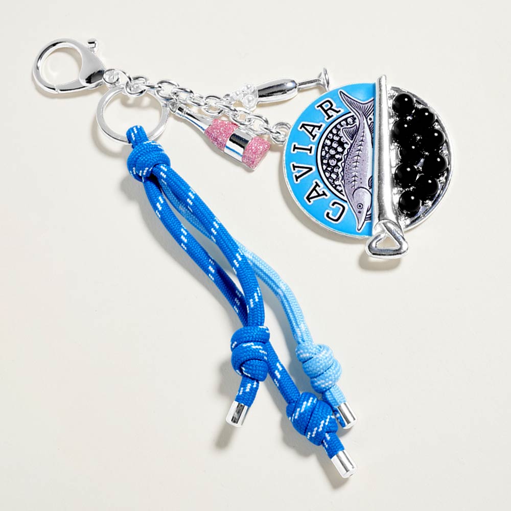 Caviar Sardine Champagne Glass Charm Knotted Rope Drop Bag Charm Keychain