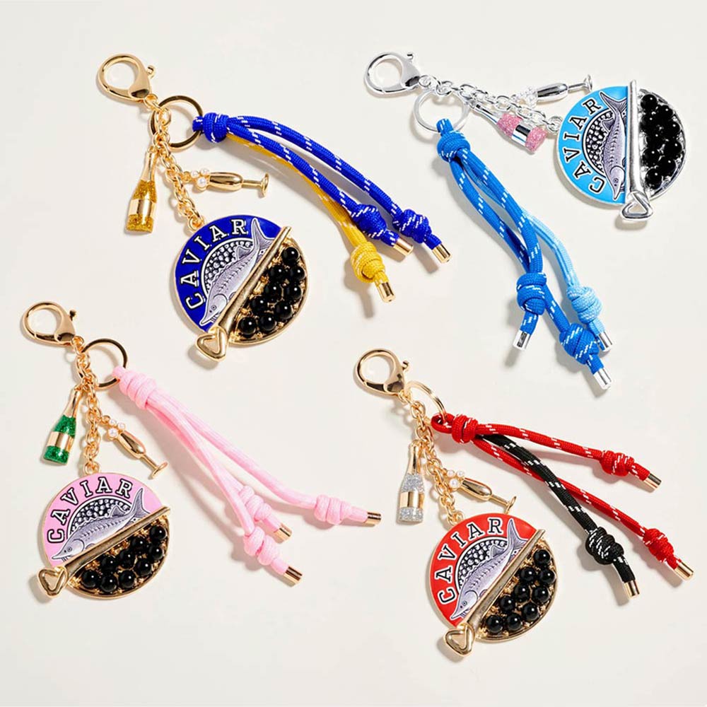 Caviar Sardine Champagne Glass Charm Knotted Rope Drop Bag Charm Keychain