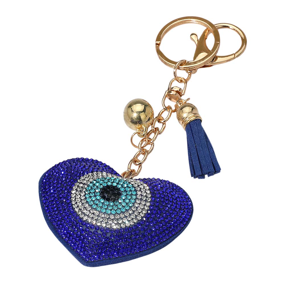Bling Studded Heart Evil Eye Tassel Keychain Bag Charm