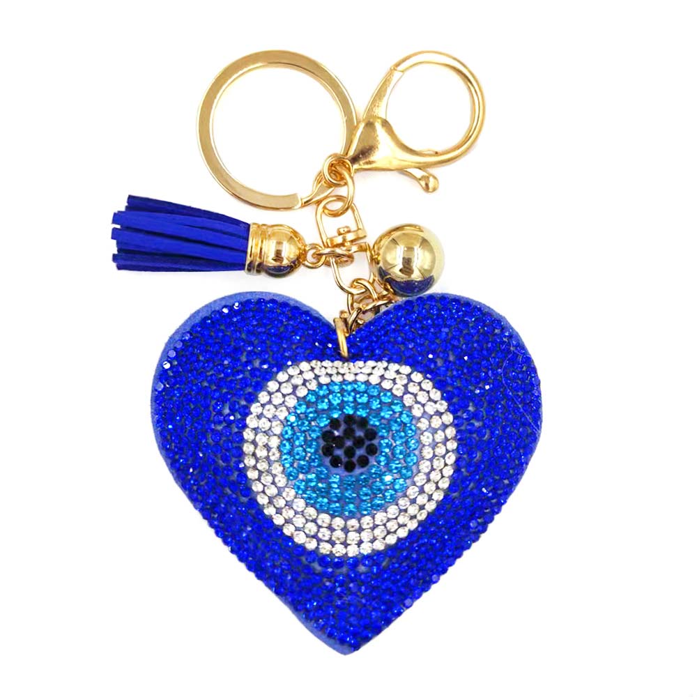 Bling Studded Heart Evil Eye Tassel Keychain Bag Charm