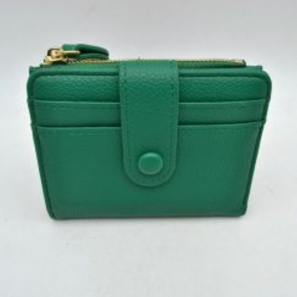 Pebbled Card Holder Wallet with Snap Button Strap and Zipper Pocket