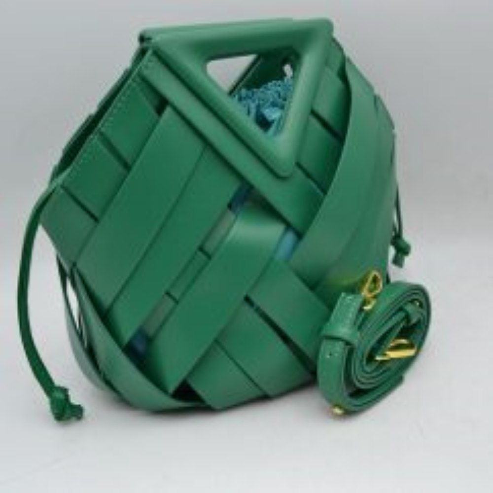 Geometric Wide Weave Bucket Bag with Triangular Top Handle