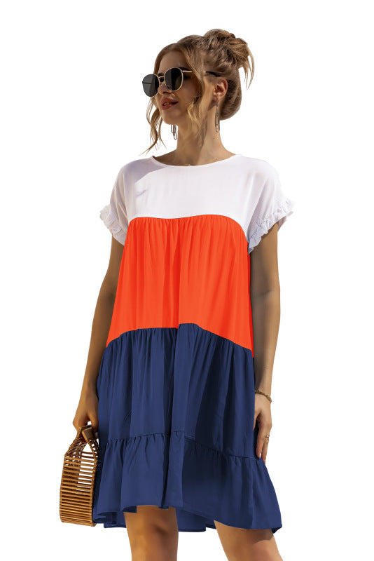 Robe-chemise bébé ample à manches courtes et blocs de couleur pour femme 