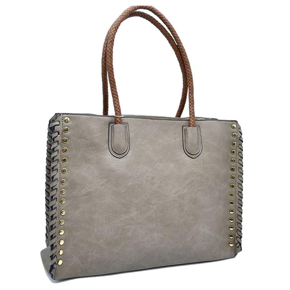 Women's Studded Faux Leather Whipstitch Shoulder Bag Tote