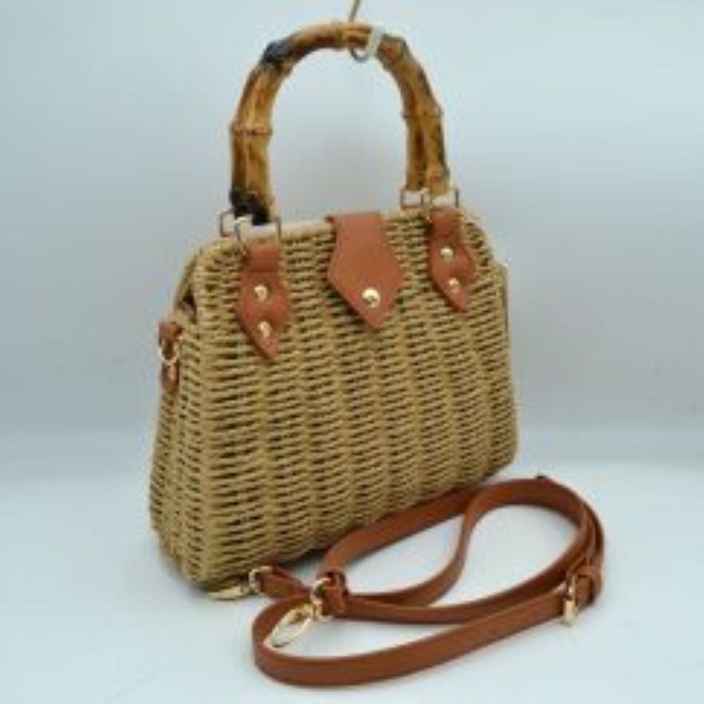 Woven Straw Satchel Bag with Bamboo Top Handle and Crossbody Strap