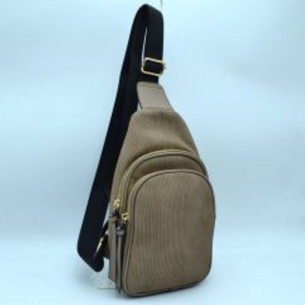 Ribbed Sling Bag with Tiered Zippers and Tassel Pulls