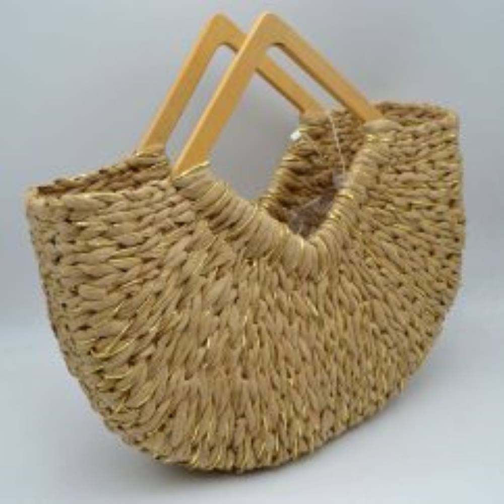 Woven Basket Tote Bag with Metallic Thread and Triangle Handles