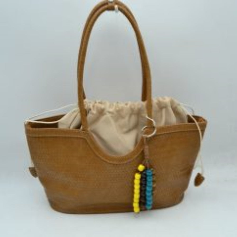 Woven Scoop-Top Tote Bag with Drawstring Lining and Beaded Charm