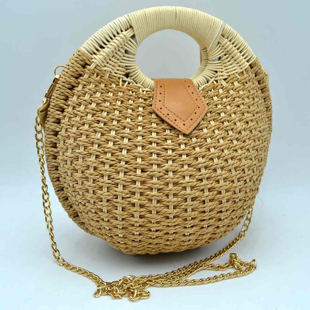 Boho Round Woven Straw Satchel – Convertible Circle Basket Bag with Chain Strap