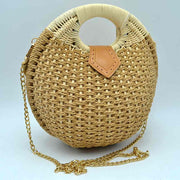 Boho Round Woven Straw Satchel – Convertible Circle Basket Bag with Chain Strap