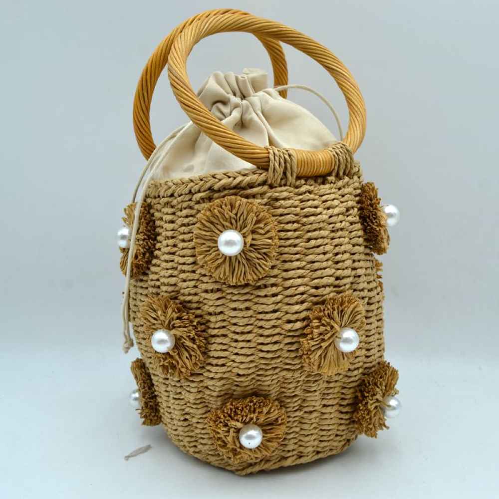 Floral Pearl Accented Straw Bucket Bag with Drawstring Liner