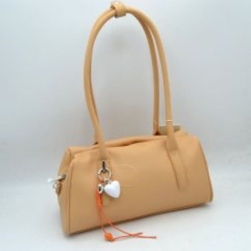 Classic Structured Shoulder Bag with Heart Charm Accent