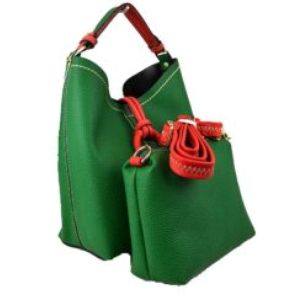 Pebbled Bucket Bag with Contrast Ring Accent and Top Handle
