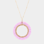 Raffia Trimmed Open Circle Pendant Long Necklace