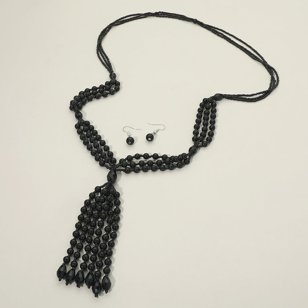 Pearl Beaded Tassel Long Necklace