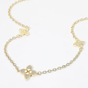 14K Gold Plated CZ Pave Floral Motif Station Long Necklace