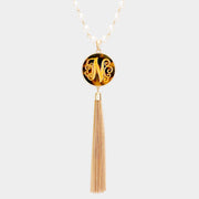 -N- Initial Monogram Pearl Metal Tassel Necklace