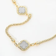 14K Gold Plated CZ Pave Quatrefoil Charm Station Long Necklace