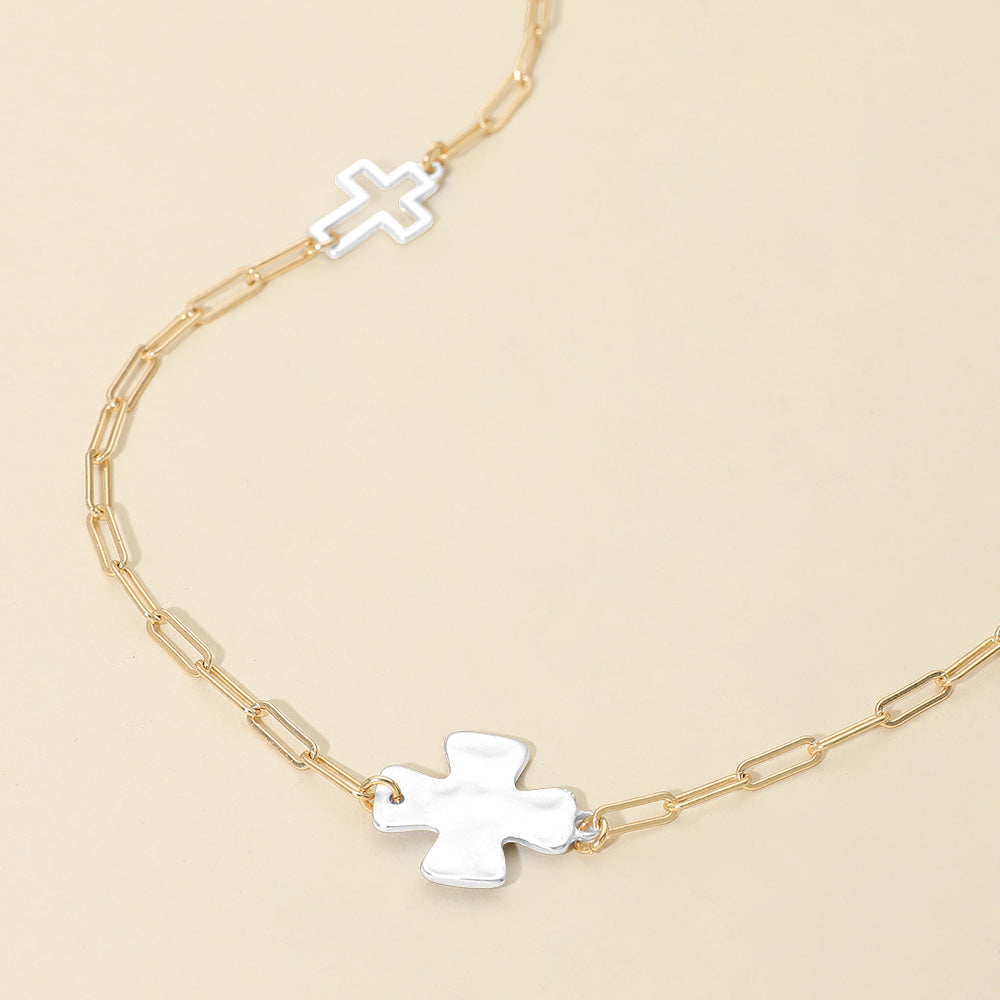 Hammered Metal Cross Charm Station Paperclip Chain Long Necklace
