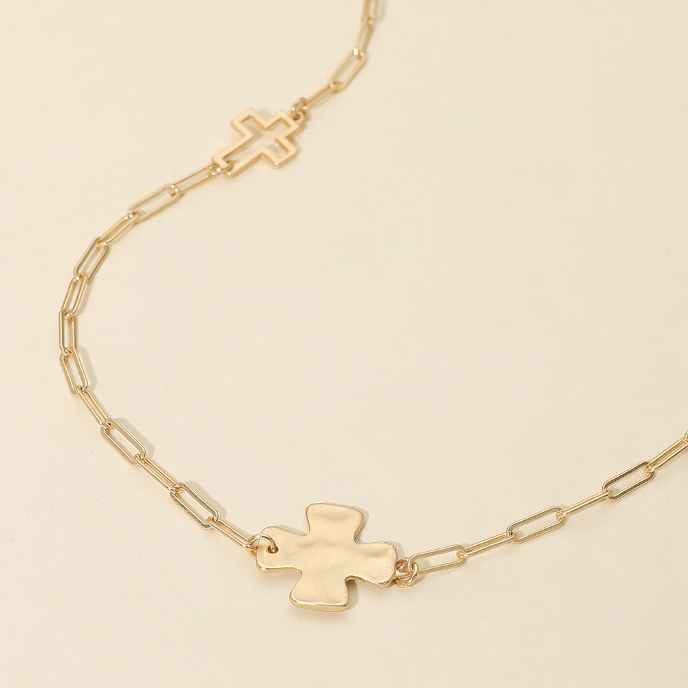 Hammered Metal Cross Charm Station Paperclip Chain Long Necklace