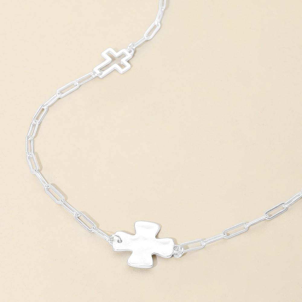 Hammered Metal Cross Charm Station Paperclip Chain Long Necklace