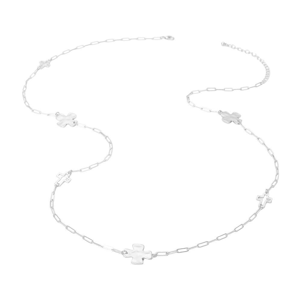 Hammered Metal Cross Charm Station Paperclip Chain Long Necklace
