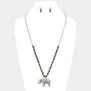 Burnished Metal Elephant Pendant Beaded Long Necklace