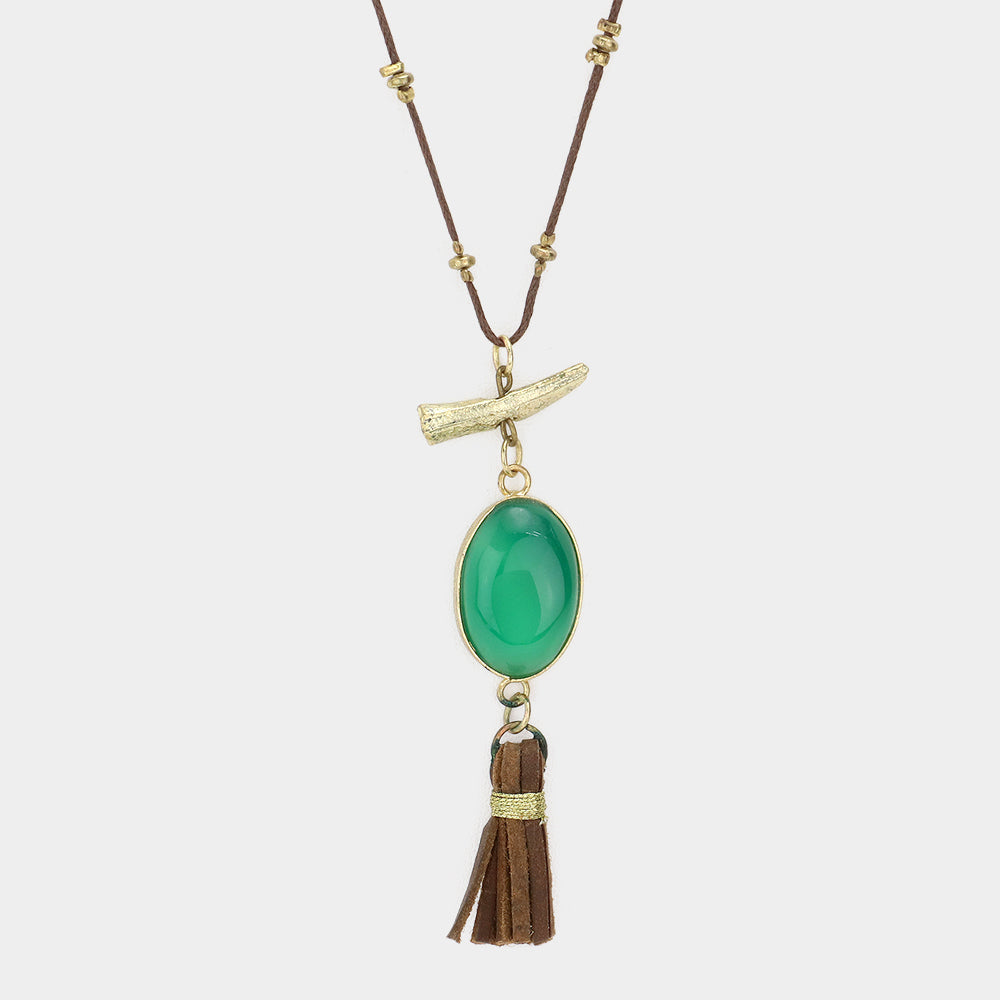 Oval Stone with Faux Leather Tassel Long Necklace