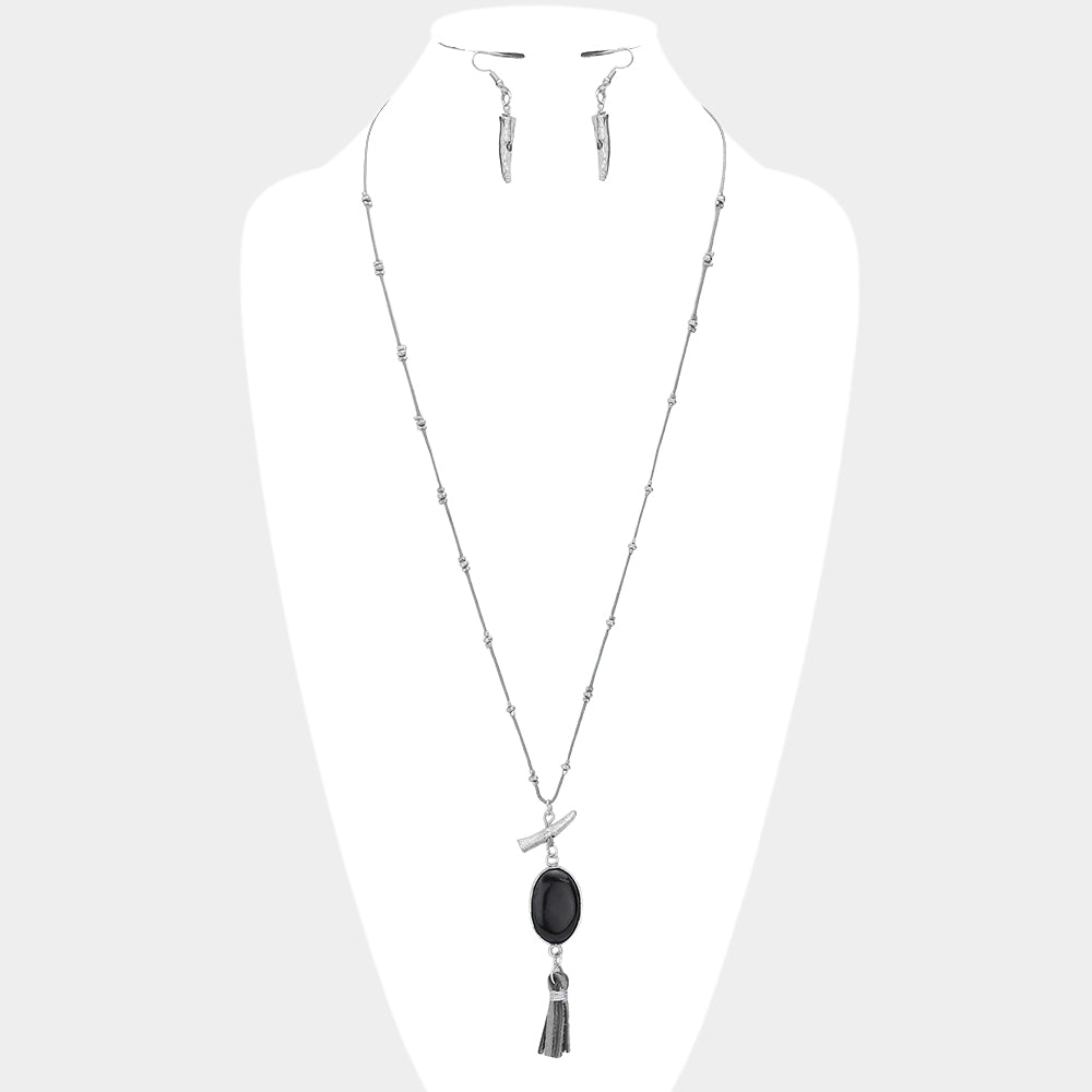 Oval Stone with Faux Leather Tassel Long Necklace