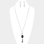 Oval Stone with Faux Leather Tassel Long Necklace