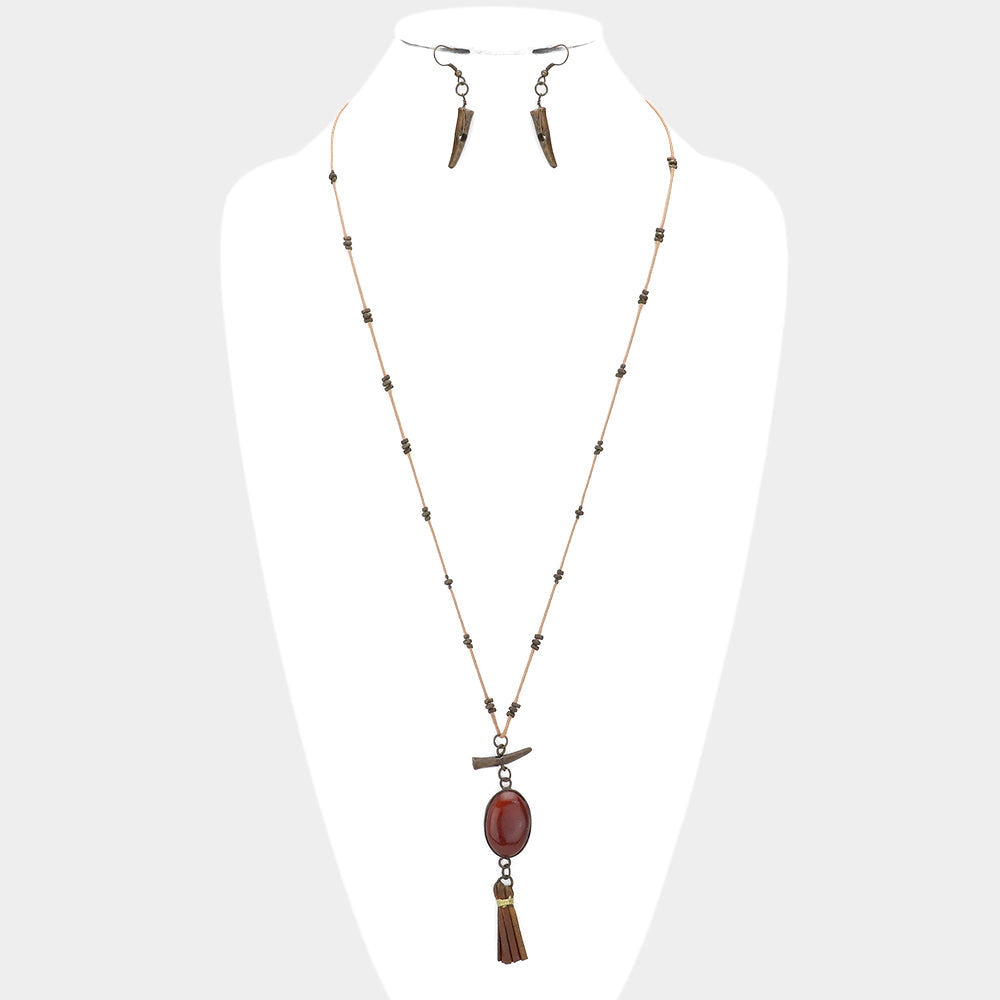 Oval Stone with Faux Leather Tassel Long Necklace