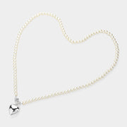 Metal Heart Pendant Pearl Long Necklace