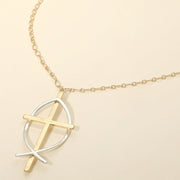 Two Tone Metal Cross Fish Symbol Pendant Long Necklace