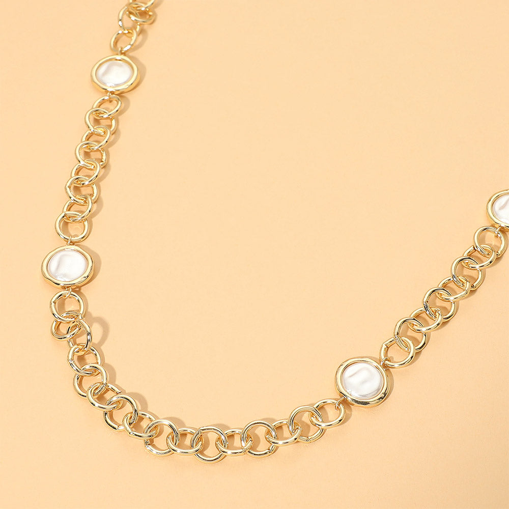 Pearl Disc Station Link Chain Long Necklace