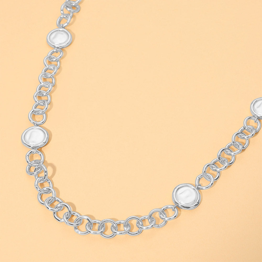 Pearl Disc Station Link Chain Long Necklace