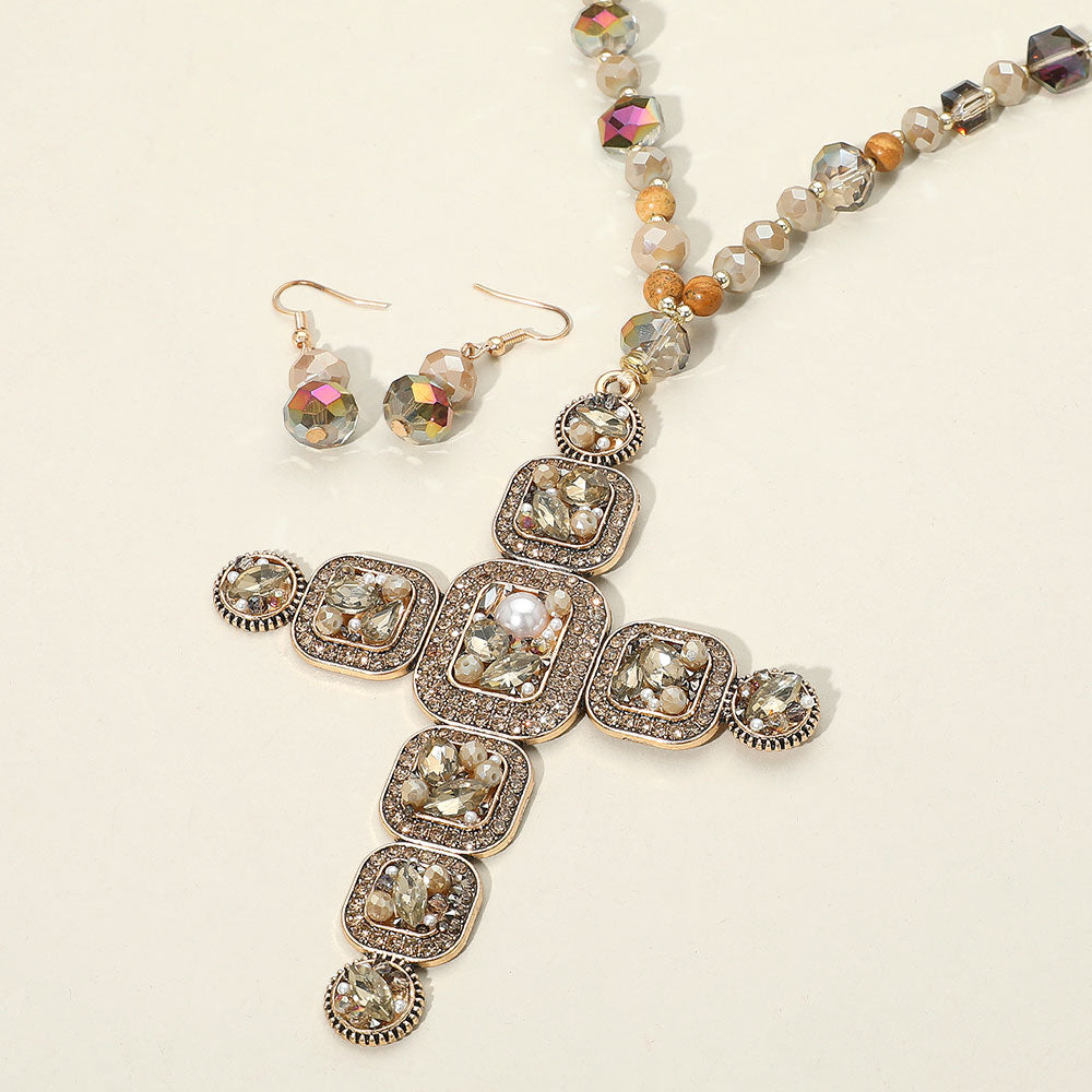 Stone Pearl Embellished Cluster Cross Pendant Faceted Beaded Long Necklace