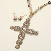 Stone Pearl Embellished Cluster Cross Pendant Faceted Beaded Long Necklace