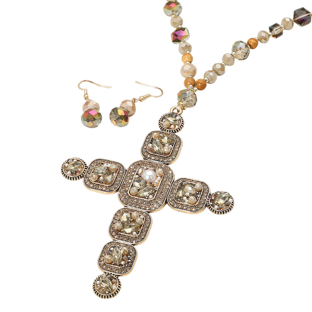 Stone Pearl Embellished Cluster Cross Pendant Faceted Beaded Long Necklace