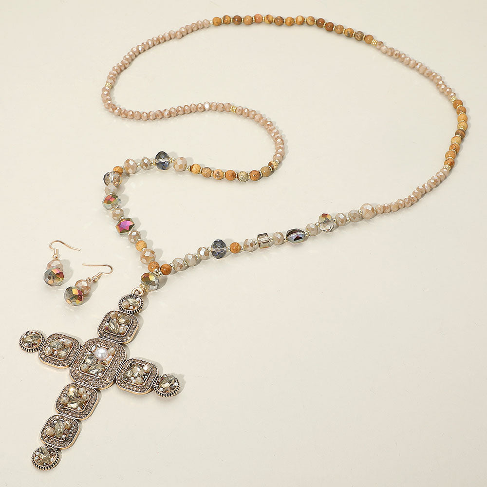 Stone Pearl Embellished Cluster Cross Pendant Faceted Beaded Long Necklace