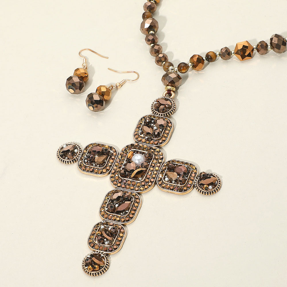 Stone Pearl Embellished Cluster Cross Pendant Faceted Beaded Long Necklace