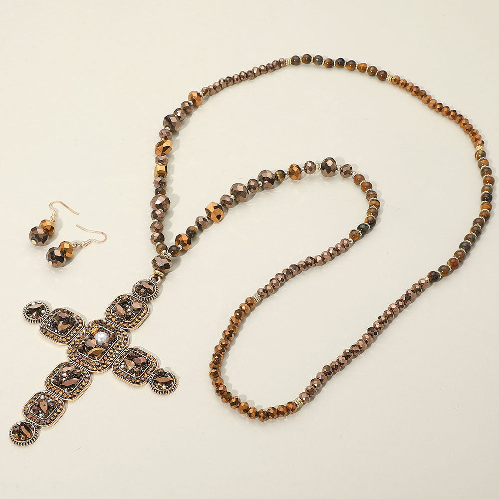 Stone Pearl Embellished Cluster Cross Pendant Faceted Beaded Long Necklace