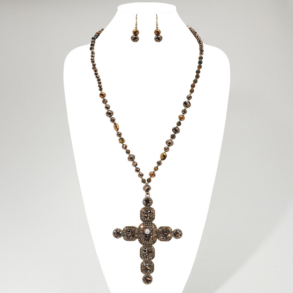 Stone Pearl Embellished Cluster Cross Pendant Faceted Beaded Long Necklace