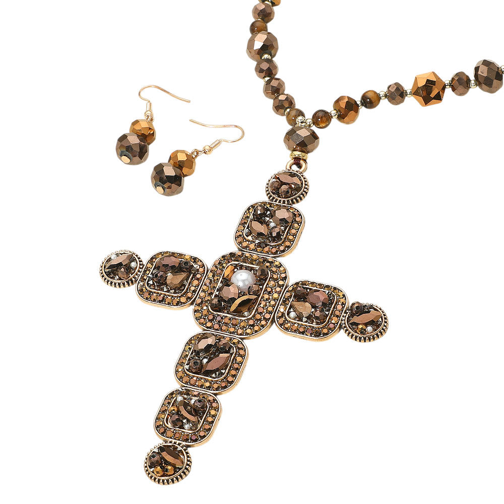 Stone Pearl Embellished Cluster Cross Pendant Faceted Beaded Long Necklace