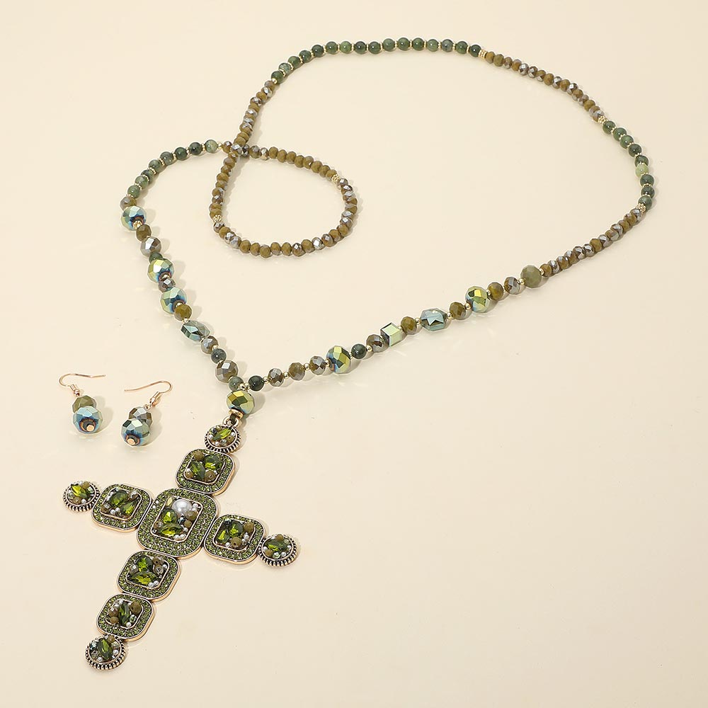 Stone Pearl Embellished Cluster Cross Pendant Faceted Beaded Long Necklace