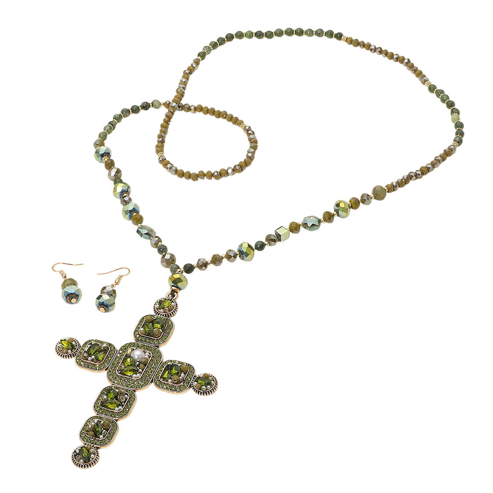Stone Pearl Embellished Cluster Cross Pendant Faceted Beaded Long Necklace