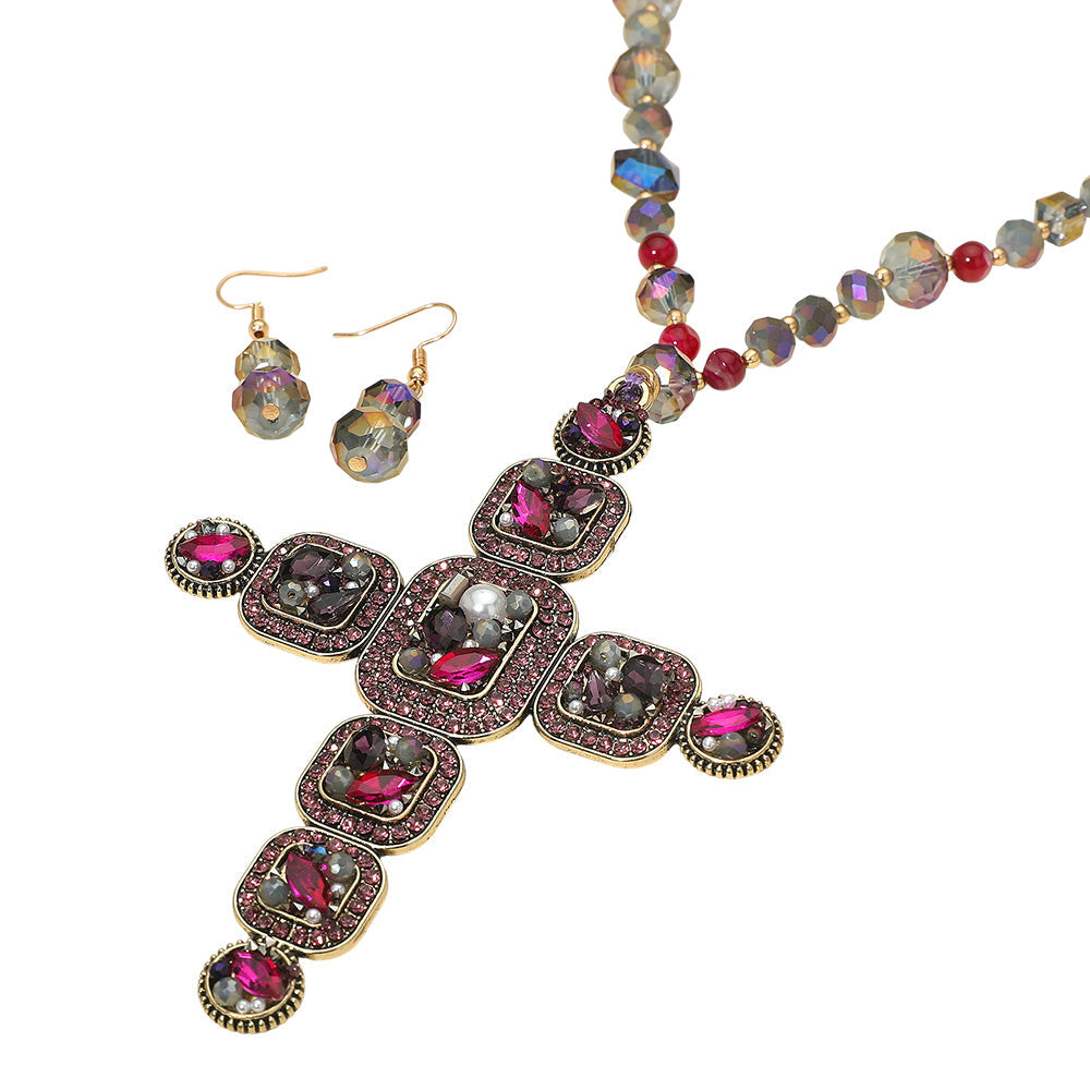 Stone Pearl Embellished Cluster Cross Pendant Faceted Beaded Long Necklace
