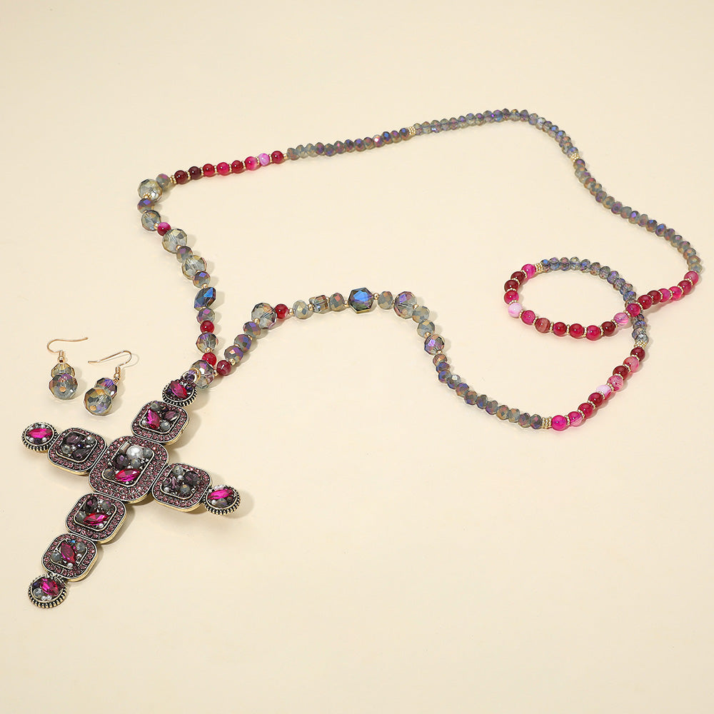 Stone Pearl Embellished Cluster Cross Pendant Faceted Beaded Long Necklace