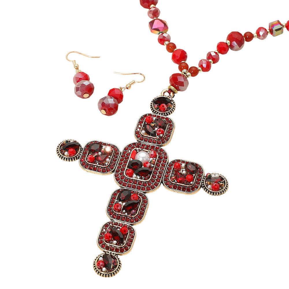 Stone Pearl Embellished Cluster Cross Pendant Faceted Beaded Long Necklace