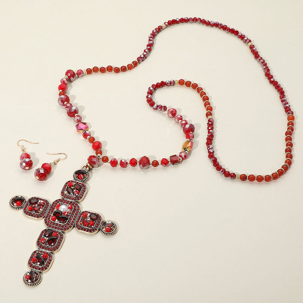 Stone Pearl Embellished Cluster Cross Pendant Faceted Beaded Long Necklace
