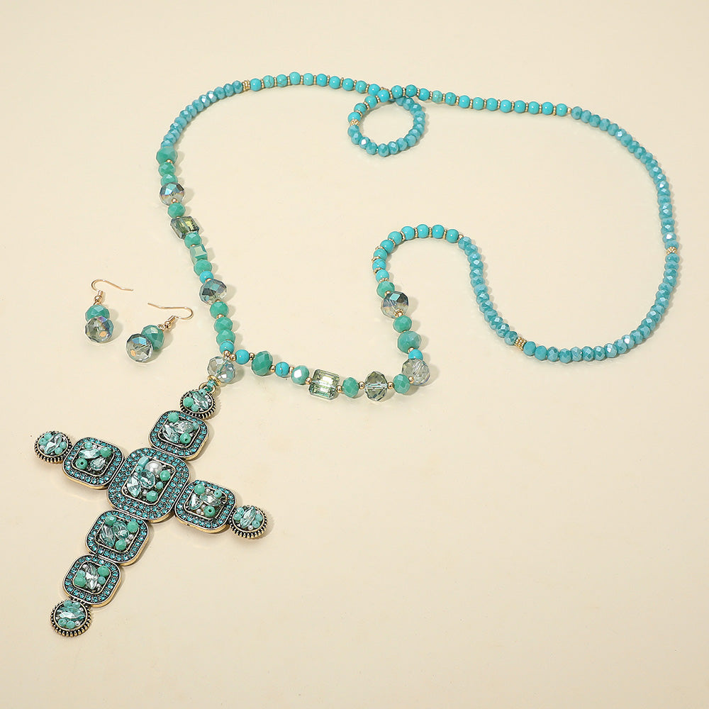 Stone Pearl Embellished Cluster Cross Pendant Faceted Beaded Long Necklace